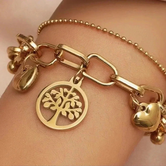🆕️18K Gold Plated Stainless Steel Tree of Life Charm Bracelet w Hearts & Beads - Picture 8 of 10